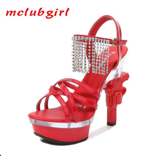 

mclubgirl slope heel sandals women summer waterproof platform wedding shoes fashion crystal high lfd dress, Black