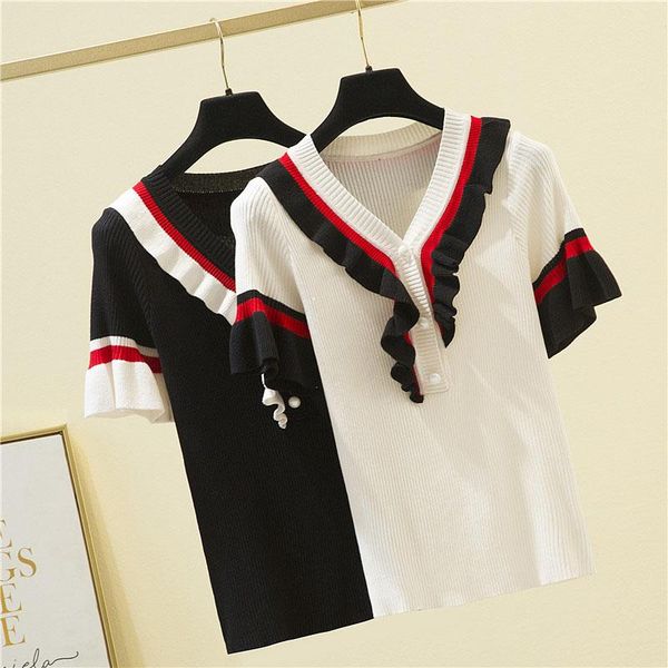 

women's t-shirt 2021 summer fashion korean ruffled v neck pullover tight fitting knitted t shirt women short sleeved sweet thin top, White