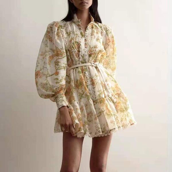 

casual dresses est 2021 summer fashion single-breasted lantern sleeve printed dress, Black;gray