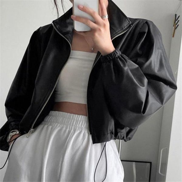 

women's jackets yiyimiyu solid punk pu leather cropped coat zipper loose grunge fashion casual outerwear vintage women autumn cute, Black;brown