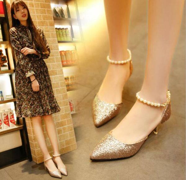 

summer pointed shallow mouth high heel stiletto wild women's shoes word buckle pearl foot ring gold single dress, Black