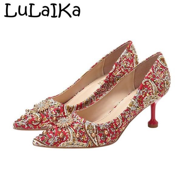 

dress shoes wedding ladies 2021 retro red satin pointed embroidery srting bead crystal high heels luxury banquet bride, Black