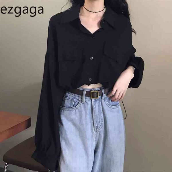 

ezgaga collar blouse shirts women spring korean fashion black long sleeve single breasted loose shirts casual streetwear blusas 210430, White