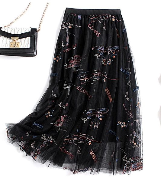 

skirts korean style 2021 spring autumn long tulle skirt wf0161 embroidery high waist women jupe, Black