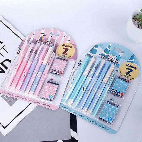 

fountain pens 7 pcs/set pen set creative erasable can replace ink sac calligraphy practice word student writing stationery