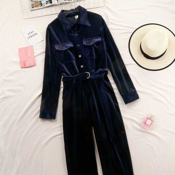 

velvet jumpsuits romper conjoined trousers turndown collar spring female combinaison fashion clothing tie 210601, Black;white