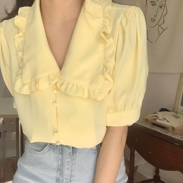 

women's blouses & shirts summer style short-sleeved yellow chiffon shirt doll collar loose sweet blouse female, White