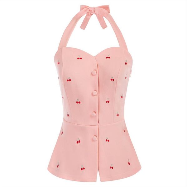 

cherries embroidery halter sweetheart womens tanks neck peplum hem summer slim buttons decor camis ladies, White
