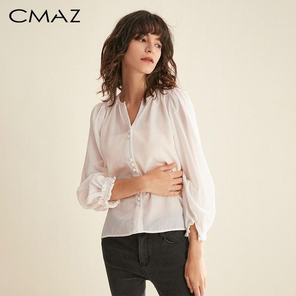 

women's blouses & shirts cmaz 2021 autumn female lantern sleeve vintage blouse casual v-neck white shirt women mx18c4590