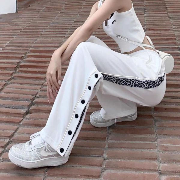 

women's pants & capris wide-leg health with buttoned slits white sports casual leopard print straight-leg, Black;white