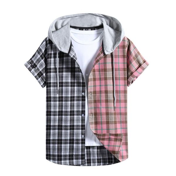 

men's casual shirts men spring summer slim plaid shirt for short sleeve turn down collar button korean fashion hooded homme 6, White;black