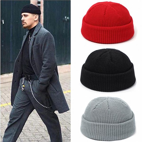

beanies knitted beanie hat men skullcap women winter warmer retro brimless baggy melon cap black cuff docker hats for 2021