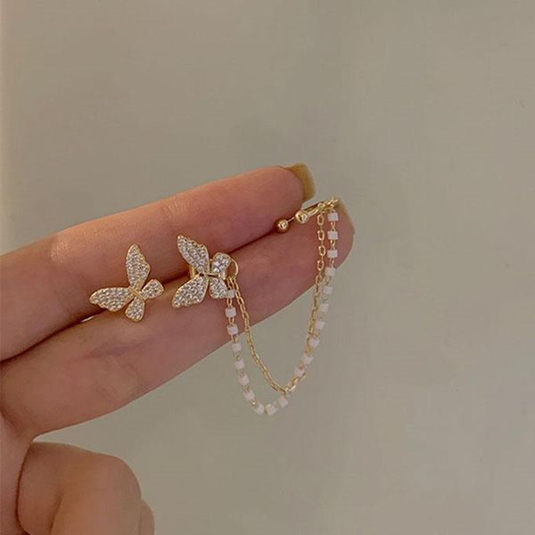 

dangle & chandelier butterfly earrings gold for women korean elegant fashion crystal one-piece ear chain clips birthday gift girlfriend, Silver