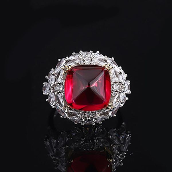 

cluster rings charms 100% 925 sterling silver 12*12mm ruby for women luxury high carbon diamond gemstone vintage party ring fine jewelry, Golden;silver
