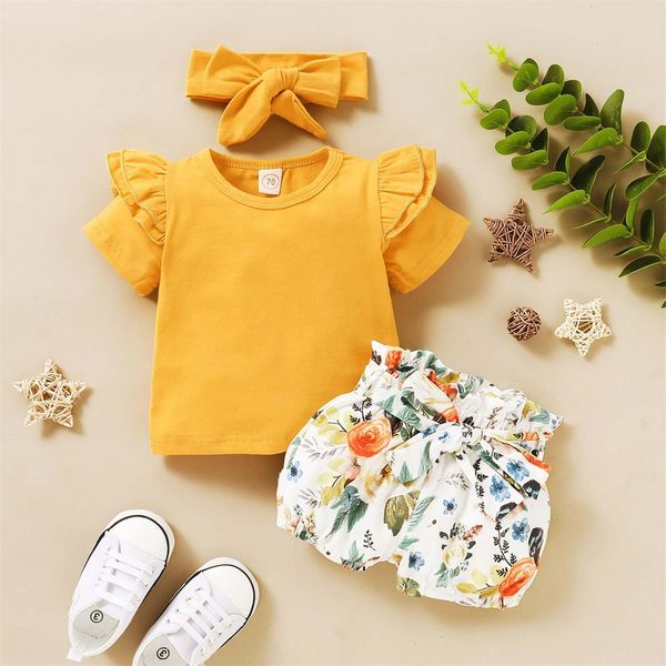 

toddler kids baby girls clothing short sleeved floral shorts hair band clothes set vestiti neonata, White