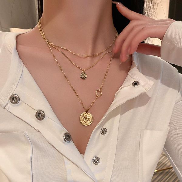 

pendant necklaces 3pcs/set fashion hip hop long chain necklace gold metal coin for women men jewelry gifts punk accessories, Silver