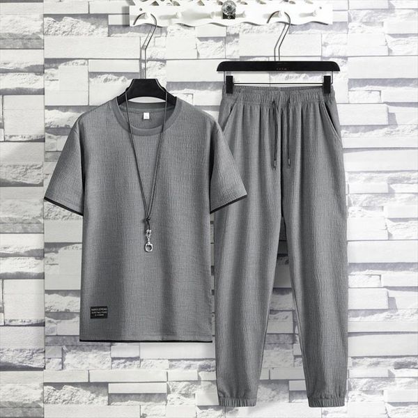 

summer linen set chinese men tracksuit style thin breathable sportswear short sleeved casual slim jogger sweat suits, Gray