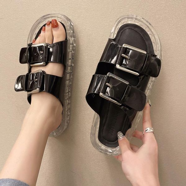 

slippers summer buckle design beach women fashion patent leather flat sandals woman clear sole platform 2021, Black