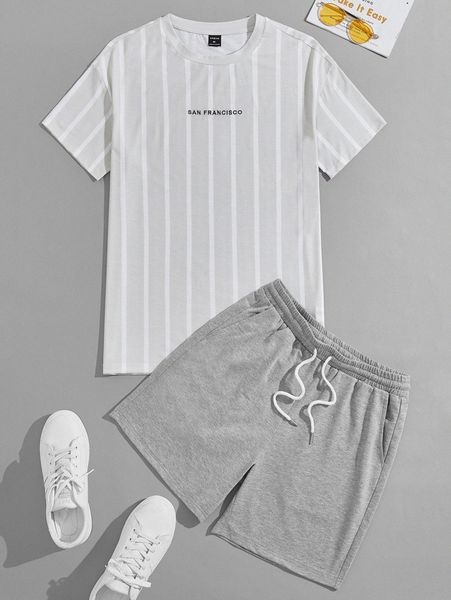 

men stripe letter embroidery tee & drawstring shorts m8sn#, Gray