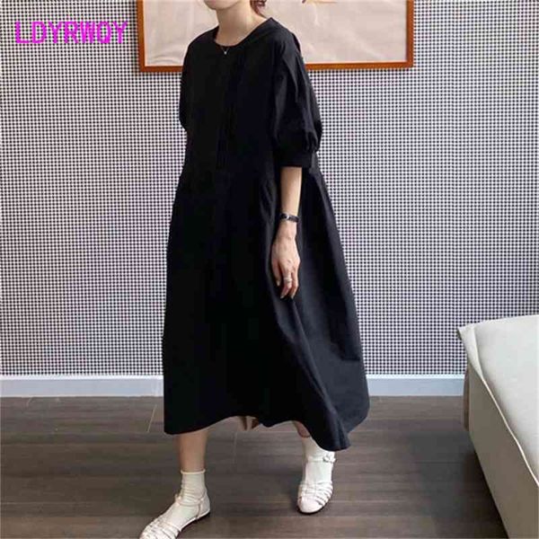 

japanese style retro niche design loose dress 2 colors office lady loose knee-length short asymmetrical 210603, Black;gray