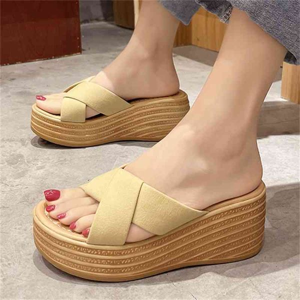 

slippers casual women summer platform wedge heel peep toe thick sole height increasing outdoor slides beach sandals woman shoes rk, Black