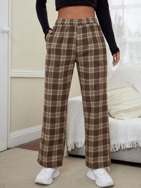 

petite plaid slant pocket straight leg pants p6mb#, Black;white