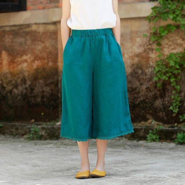 

women's pants & capris johnature women solid color wide leg linen high waist trouser 2021 summer loose casual calf-length, Black;white