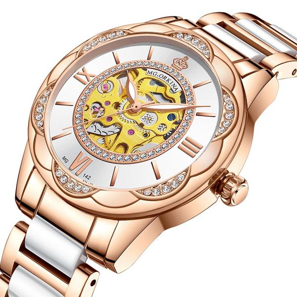 

wristwatches orkina fashion women skeleton automatic mechanical watch ceramic strap elegant ladies waterproof clock, Slivery;brown