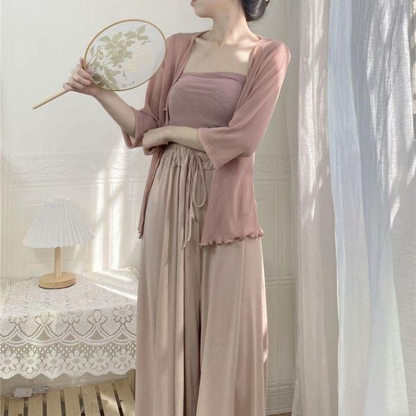 

women's two piece pants aesthetic suit thin cardigan + suspenders casual wide-leg three-piece 2021 summer fashion retro sets, White