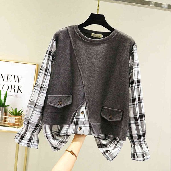 

korean new women mock two-piece hoodie fashion long sleeve patchwork solid lattice printing casual female fall cloth, Black