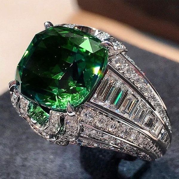 

wedding rings huitan gorgeous square green stone women micro paved shiny cz noble lady engagement party ring fashion jewelry, Slivery;golden