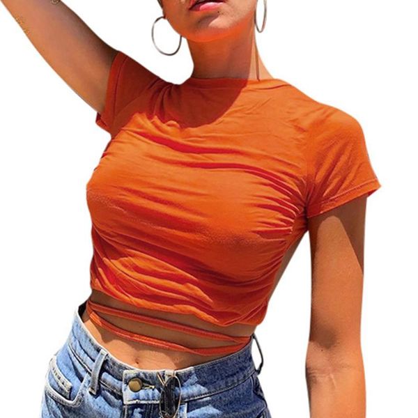 

women's tanks & camis women t-shirt 2021 summer cropped backless ladies lace up bandage fashion tee clothes, White