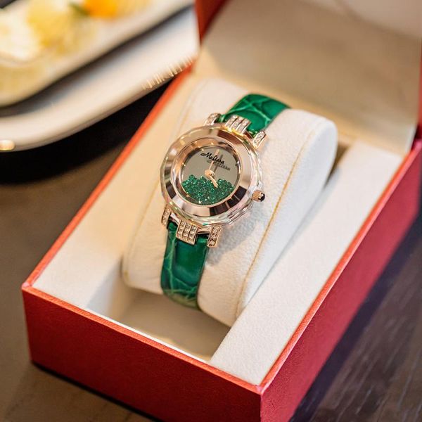 

wristwatches fashion flow sand watches for women waterproof watch luxury genuine leather strap high-end diamond, Slivery;brown
