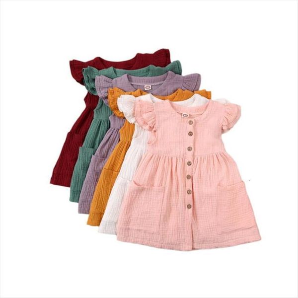 

kid girls fly sleeve girl dress summer single breasted solid color cotton linen pocket fashion toddlers sundress, Red;yellow