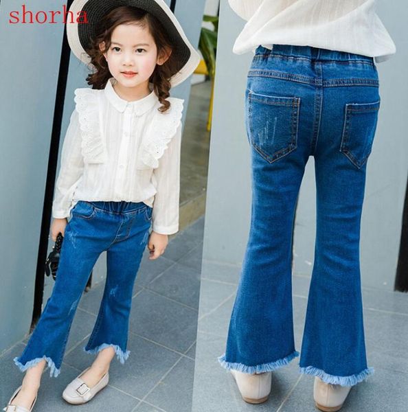 

children's pants 2021 spring and autumn korean girls tassel flare baby jeans child elasticity, Blue