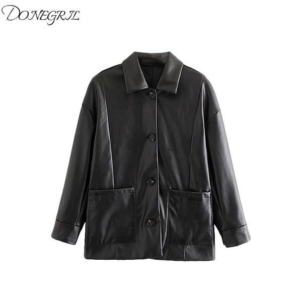 

women's leather & faux 2021 winter high street casual slim women pu jacket autumn soft ladies basic coats, Black