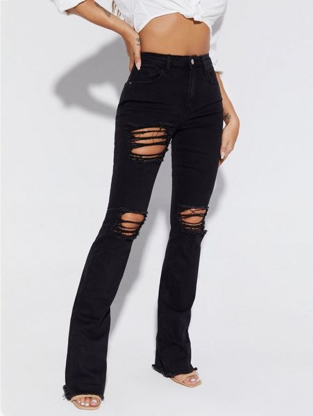 

ripped raw hem jeans u4em#, Blue