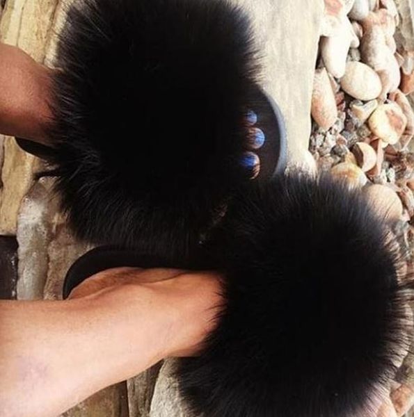 

women fur slippers real slides lovely plush woman summer home sandals furry flip flops, Black