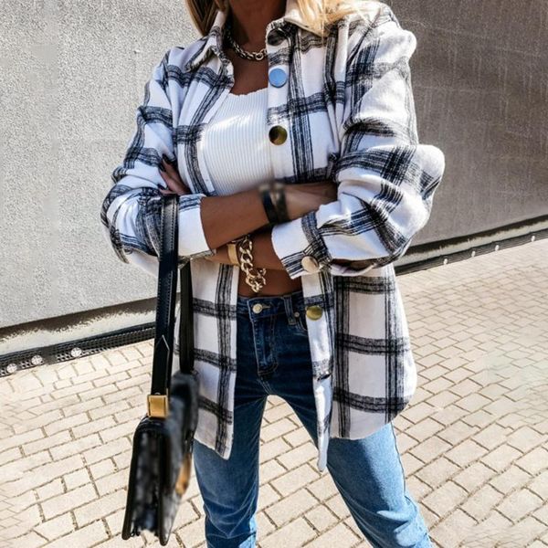 

check jacket fleece coat casual shirt soft comfortable women's blouses & shirts, White