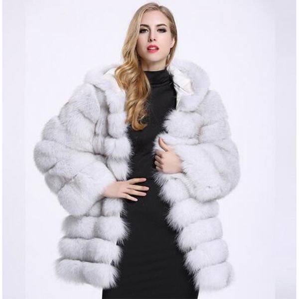 

fluffy faux fox fur ladies jacket stitching hooded coat, Black