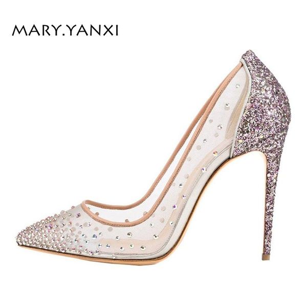 

women pumps big size shoes crystal bling air mesh transparent high thin heels pointed toe fashion party slip-on shallow dress, Black