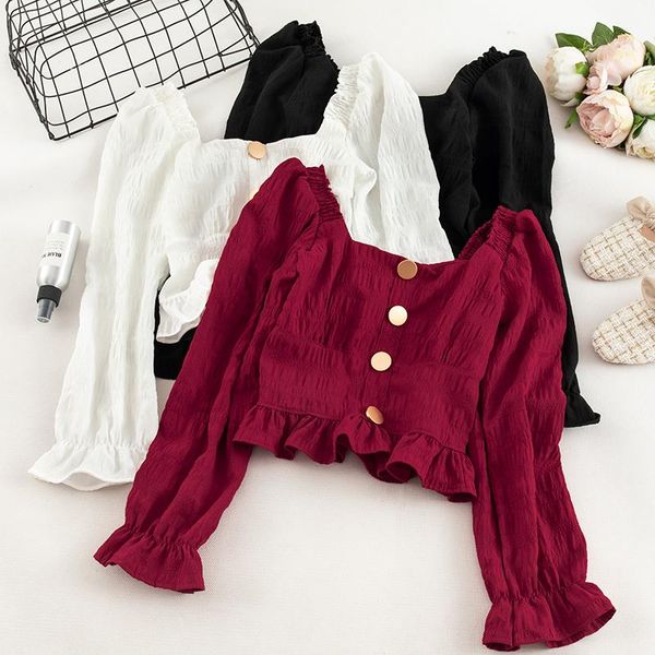 

women's blouses & shirts short design navel square collar ruffle long sleeve shirt slim front button black green burgundy white blouse