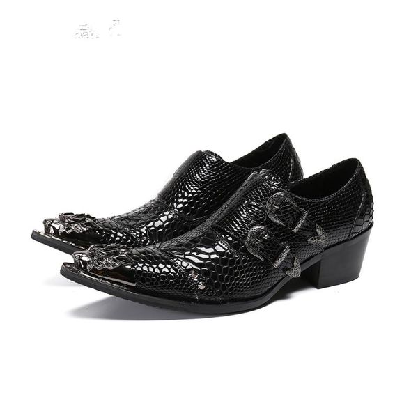 Sapatos homens originais couro de couro de metal dedo salto alto vestido mens