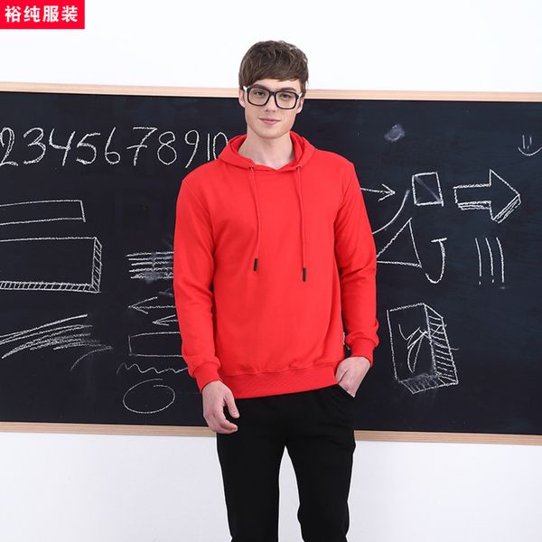 

yuchun winter new men's pullover hooded sweater solid color plush long sve sweater class suit, Black