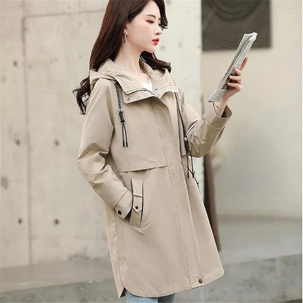 

women's trench coats european station 2021 spring autumn style korean fashion hooded windbreaker women mid-length plus size loose casua, Tan;black