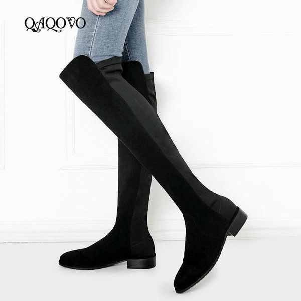 

boots flat heel knee high women soft flock leather over the slip on autumn winter fashion shoes, Black