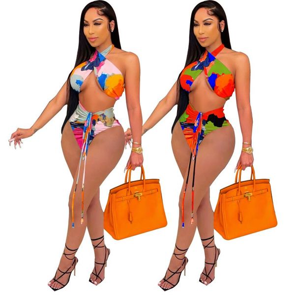 

women's swimwear 2021 swimsuit color print two piece set 1297, White;black