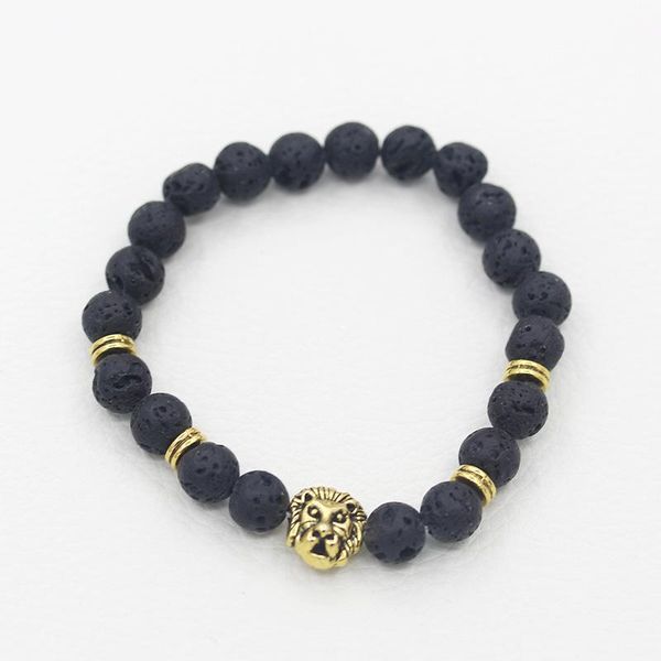 

link, chain lion leopard head black volcanic stone matte buddha beads golden silver plated bracelets for women diameter around 7 cm