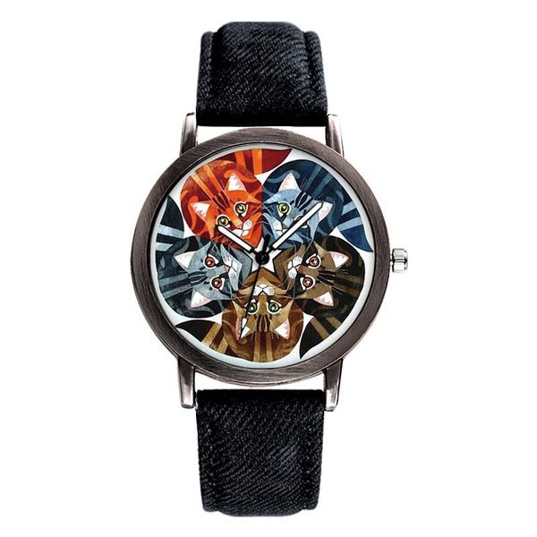 

wristwatches women watches 2021 stylish 4 lovely cat pattern dial quartz clock leather watchband girls relojes para mujer, Slivery;brown