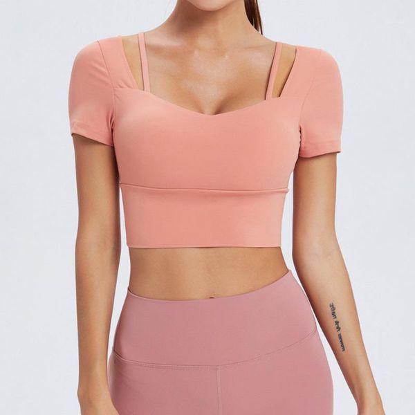 

yoga outfit women padded sports bra short sleeve vest crop tank medium support for workout fitness running push up